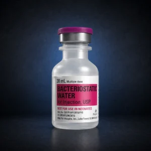 30 mL bacteriostatic water bottle on a dark navy background