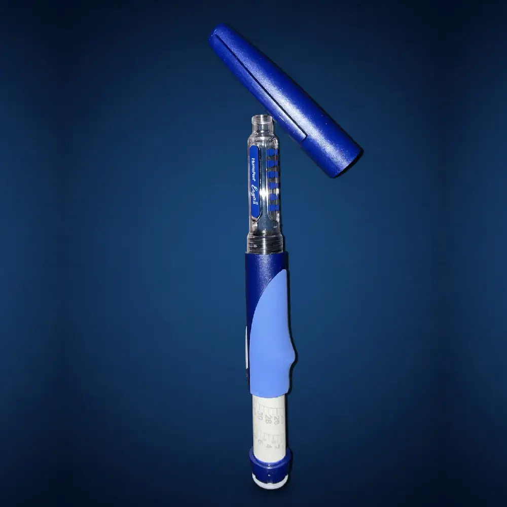 HumaPen Ergo II (Ergo 2) for 3 mL Cartridges 2 Blue Ergo2 reusable pen shown open on a dark navy studio background