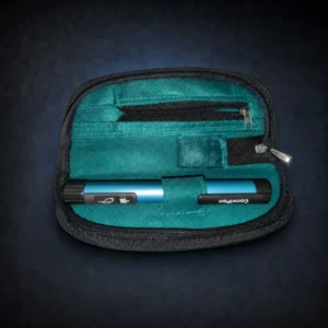 Blue Convipen secured inside an open teal travel case on a dark navy studio background