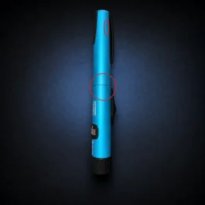 Teal GensuPen2 with red circles marking cosmetic damage on a dark navy studio background