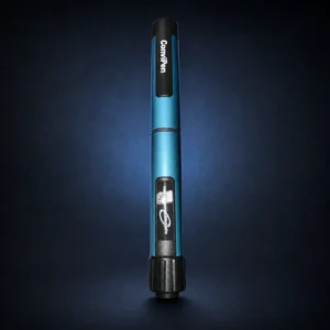 Teal Convipen automatic reusable pen on a dark navy background