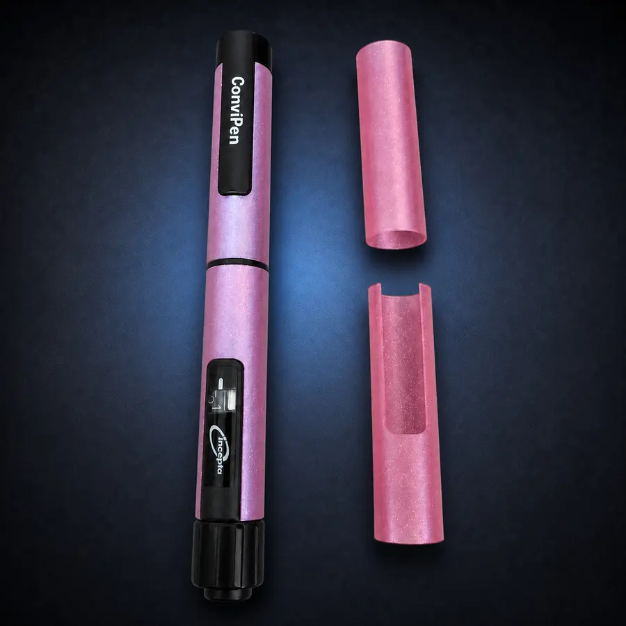 Convipen / Gansulin Cover - Pinkish Glitter 1 Pink glitter Convipen and Gansulin cover set on a dark navy studio background