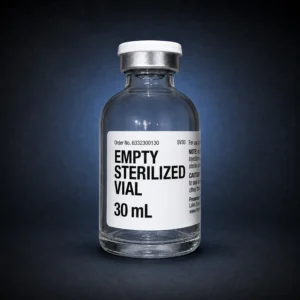Empty sterilized 30 mL glass vial with silver cap on a dark navy studio background