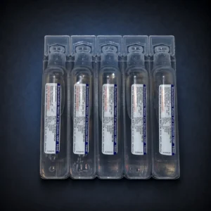 Five individually sealed 10 mL bacteriostatic water vials on a dark navy studio background