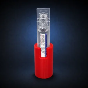 Red Genetek vial stand holding a clear bacteriostatic-water vial on a dark navy studio background