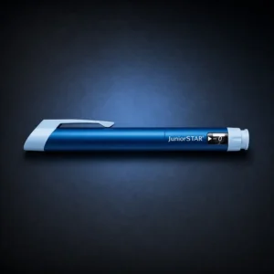 Blue JuniorStar reusable insulin pen on a dark navy background