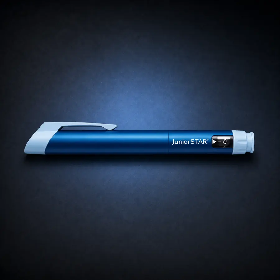 JuniorStar - Blue 1 Blue JuniorStar reusable insulin pen on a dark navy background