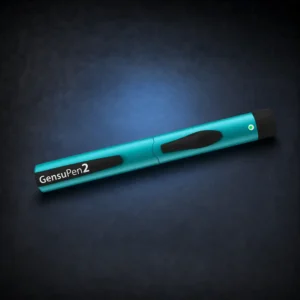 Teal GensuPen2 automatic reusable pen on a dark navy background