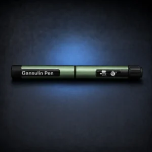 Green Gansulin automatic reusable pen on a dark navy background