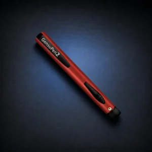 Red GensuPen2 automatic reusable pen on a dark navy background