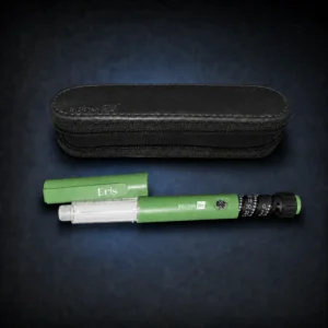Green INSUpen Pro Eris reusable insulin pen with black carrying case on a dark navy background
