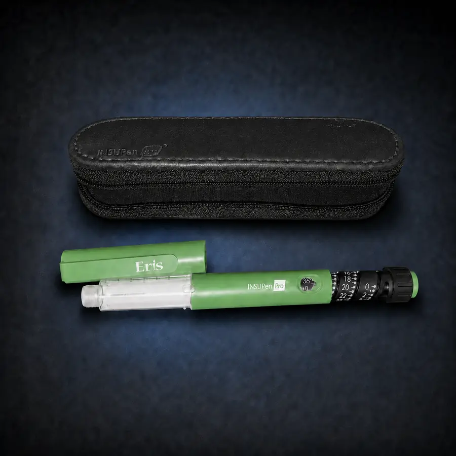 INSUpen Pro 1 Green INSUpen Pro Eris reusable insulin pen with black carrying case on a dark navy background