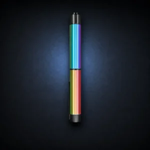Iridescent metallic rainbow Convipen and Gansulin cover on a dark navy studio background