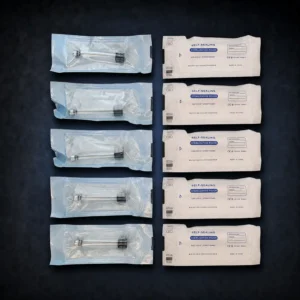 Ten individually sterilized 3 mL glass cartridges on a dark navy background
