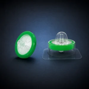 Individually wrapped 13 mm, 0.22 µm PES sterile syringe filters on a dark navy background