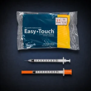 Easy-Touch U-100 31 gauge 8 mm insulin syringe 10 pack on a dark navy background