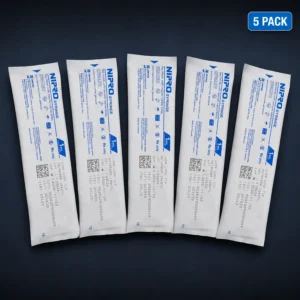 Five individually packaged 1 mL luer-lock syringes