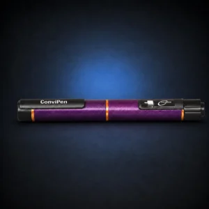 Violet Nebula Convipen and Gansulin cover with gold trim on a dark navy studio background.