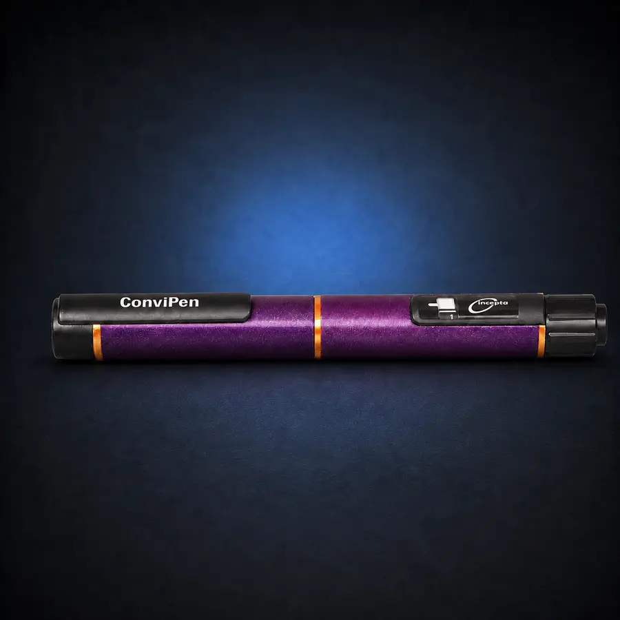 Convipen / Gansulin Cover - Violet Nebula - Gold Trim 1 Violet Nebula Convipen and Gansulin cover with gold trim on a dark navy studio background.