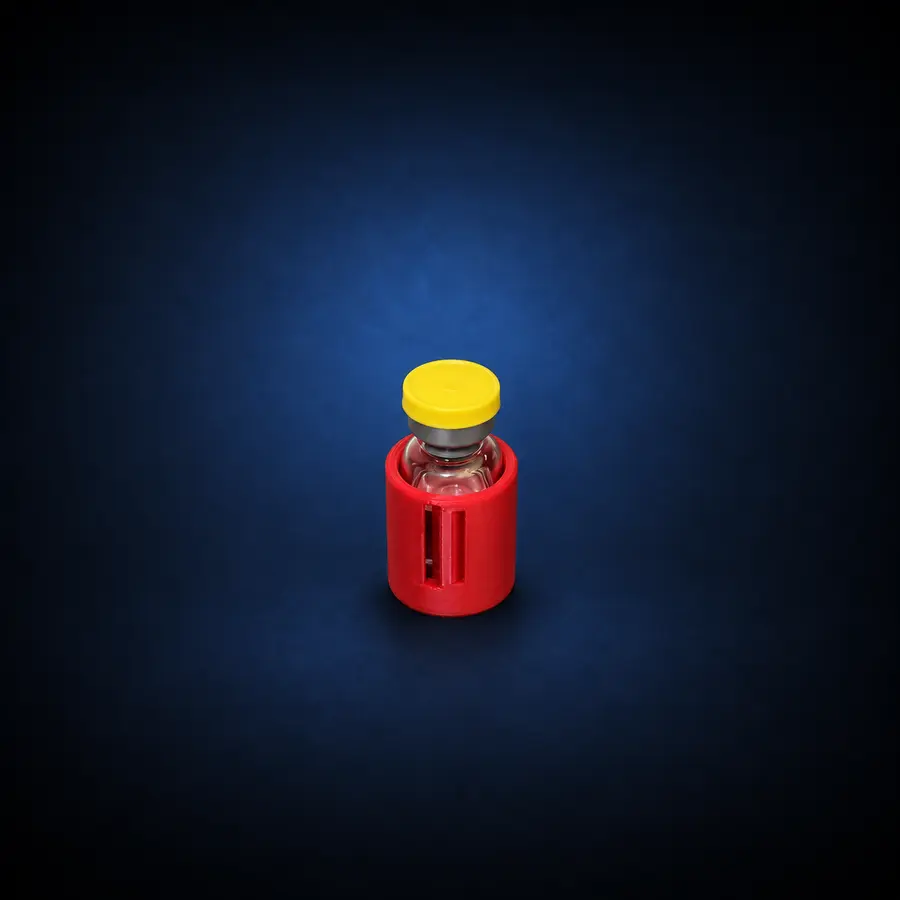 Niimbot Label Applicator 2 Red Niimbot label applicator holding a clear vial with a yellow cap