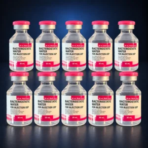 Ten Genetek bacteriostatic water 30 mL vials with pink caps on a dark navy background
