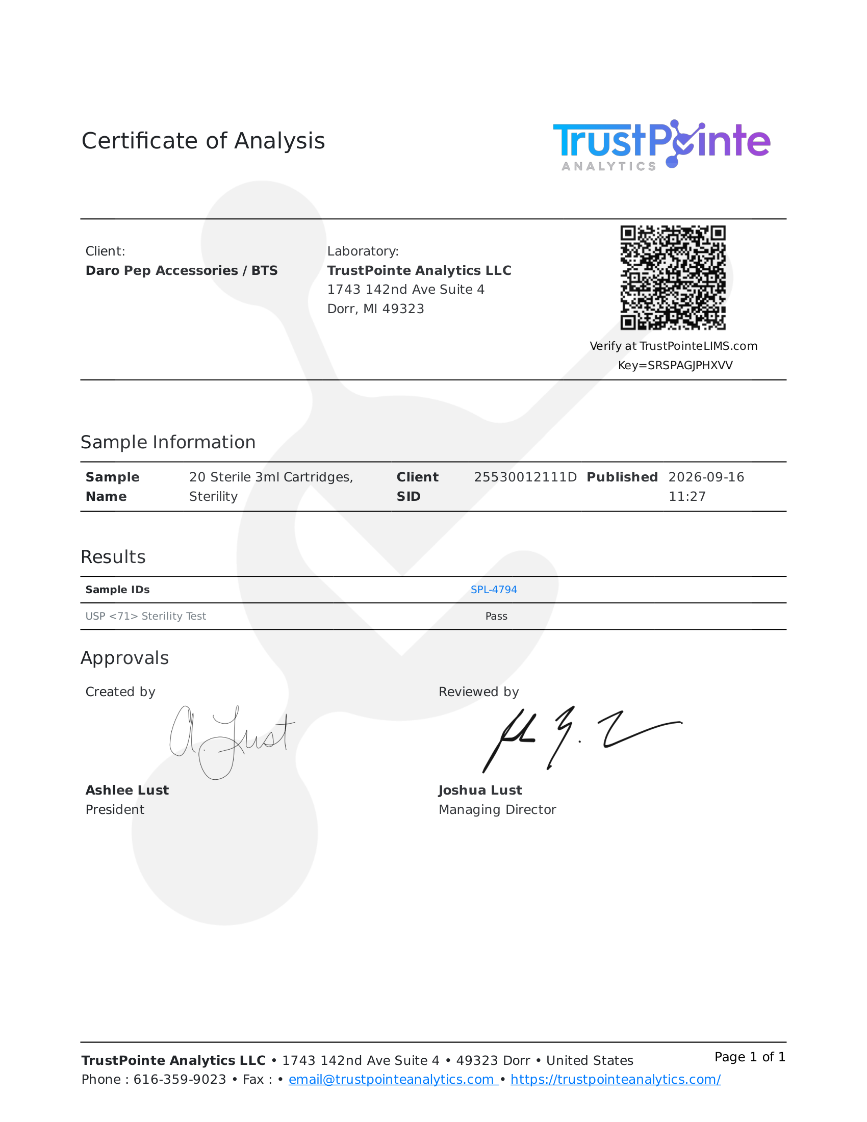 Munan Sterilized & Siliconized 3 mL Cartridges – 10 Pack 2 TrustPointe Analytics certificate of analysis SPL-4794 for sterile 3 mL cartridges, showing USP Chapter 71 sterility test: Pass.